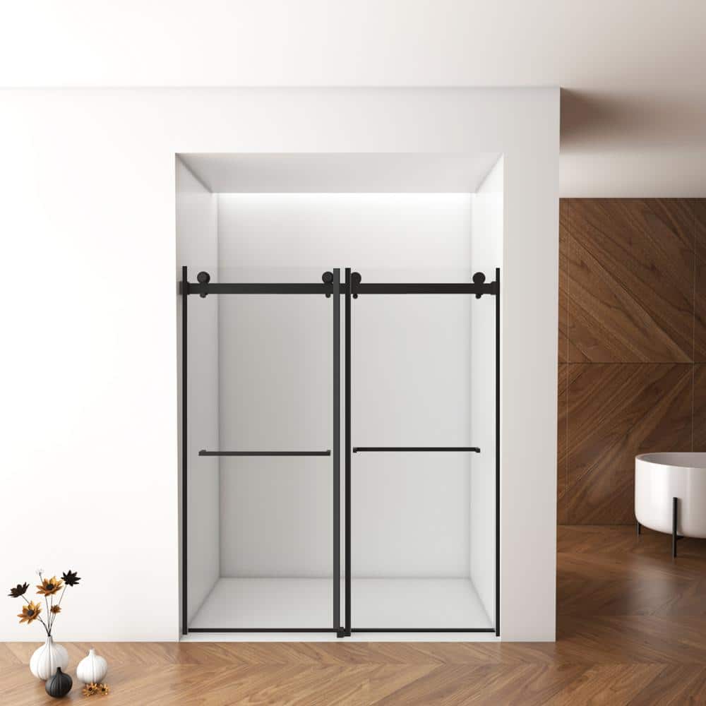 AZDHOME 56 - 60 in W x 70 in H Dual Sliding Frameless Soft-Close Shower Door in Matte Black with Laminated Tempere Clear Glass
