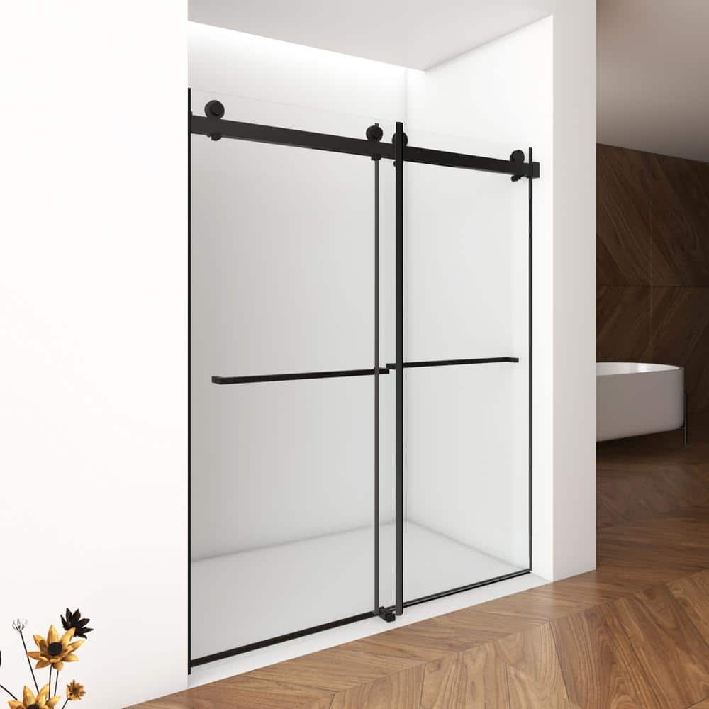 AZDHOME 56 - 60 in W x 70 in H Dual Sliding Frameless Soft-Close Shower Door in Matte Black with Laminated Tempere Clear Glass