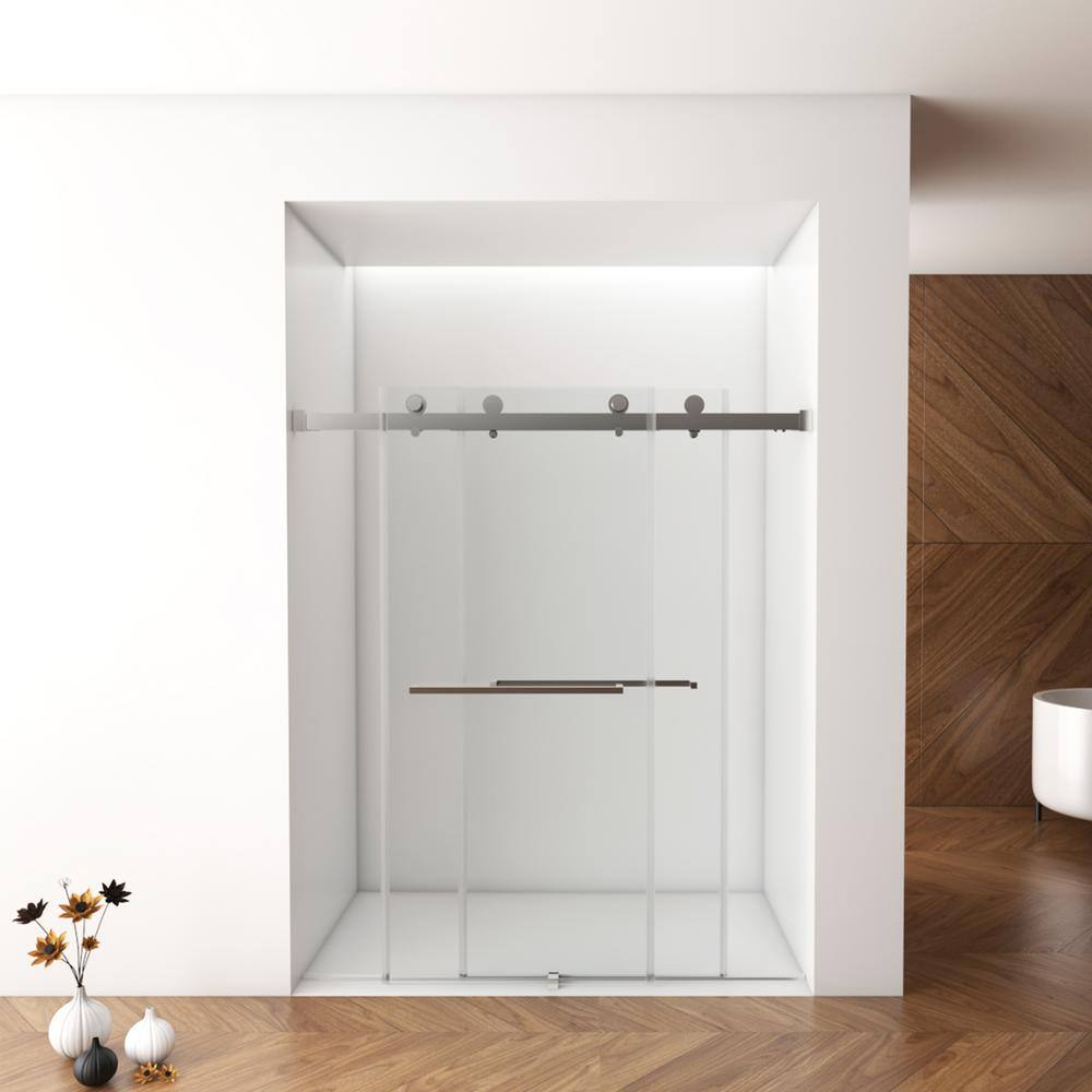 AZDHOME 56 - 60 in W x 70 in H Sliding Frameless Soft-Close Shower Door in Brushed Nickel with Laminated Tempere Clear Glass