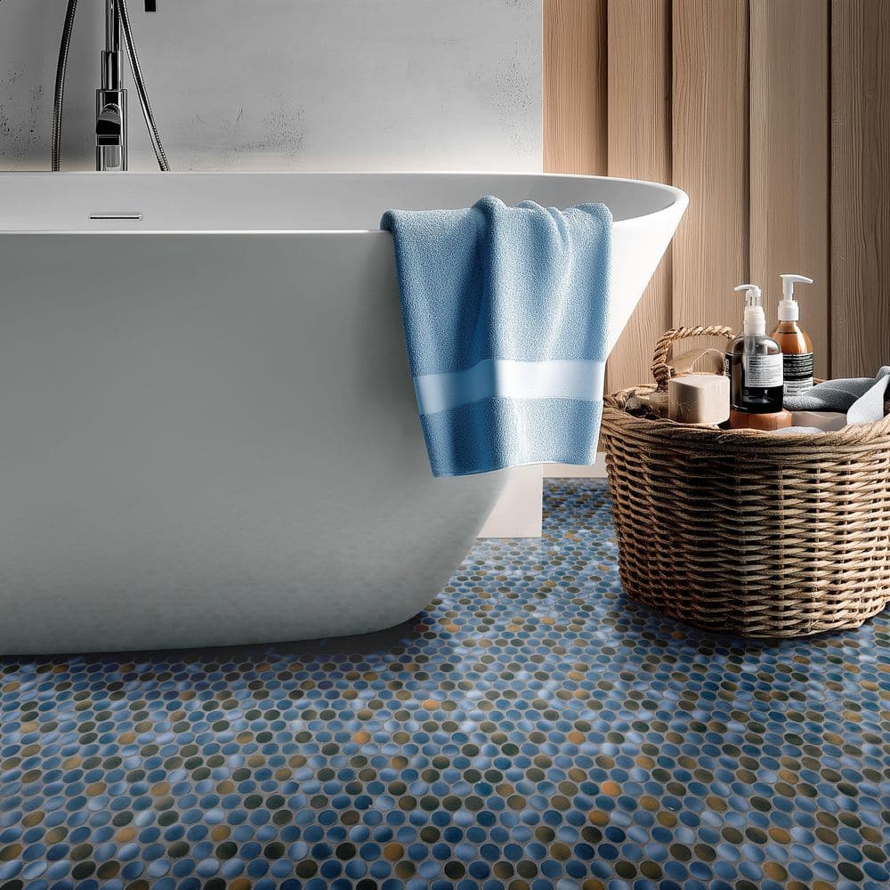 MSI Penny Round Azul 11.3 in. x 12.2 in. x 6mm Glossy Porcelain Mesh-Mounted Mosaic Tile (14.4 sq. ft. / Case)