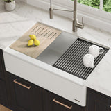Bellucci 33in. CeramTek Granite/Quartz Composite Farmhouse ApronFront Single Bowl Kitchen Sink w/ Cutting Board in White - Super Arbor