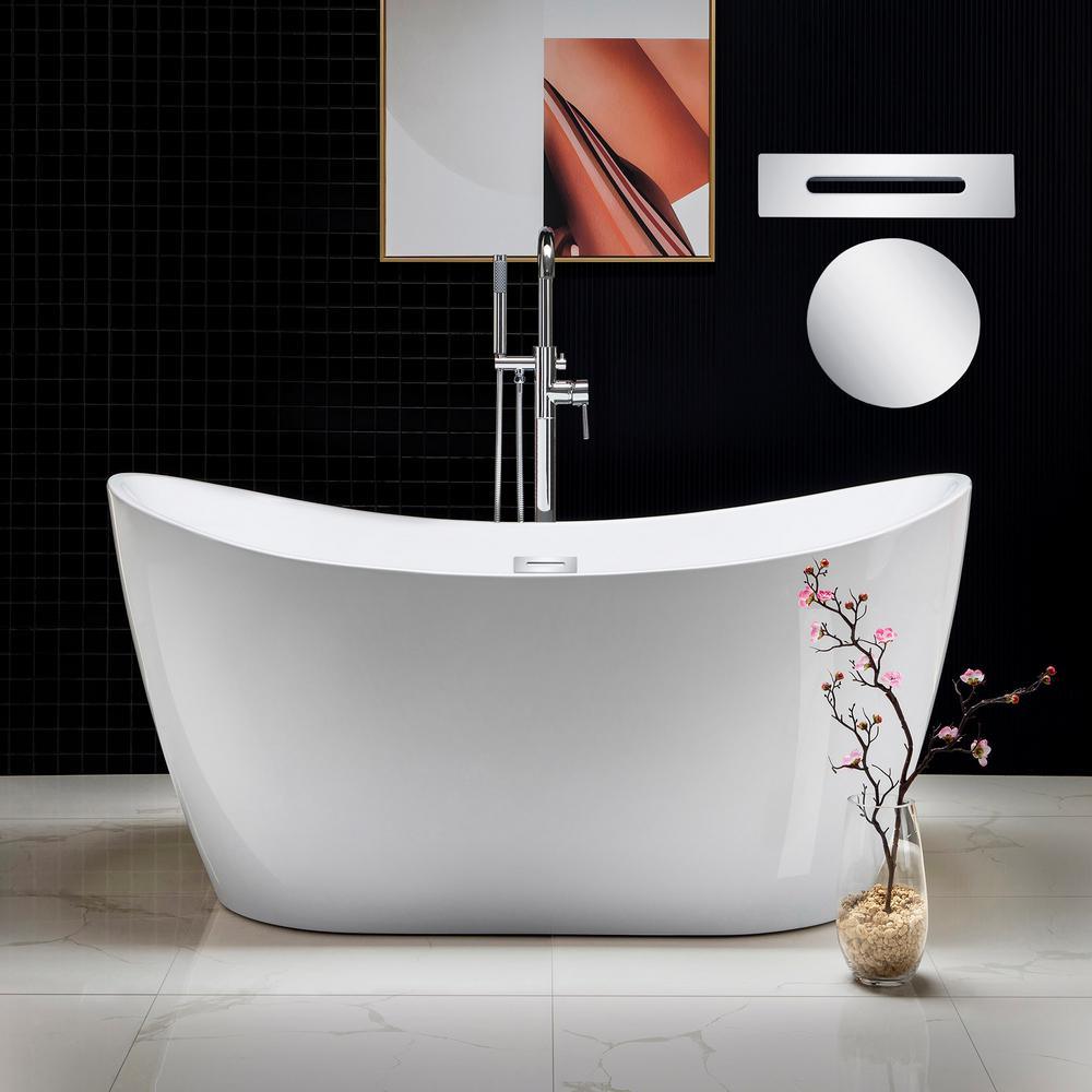 59 in. Acrylic Freestanding Double Slipper Flatbottom Soaking Bathtub with Drain and Overflow Included in White - Super Arbor