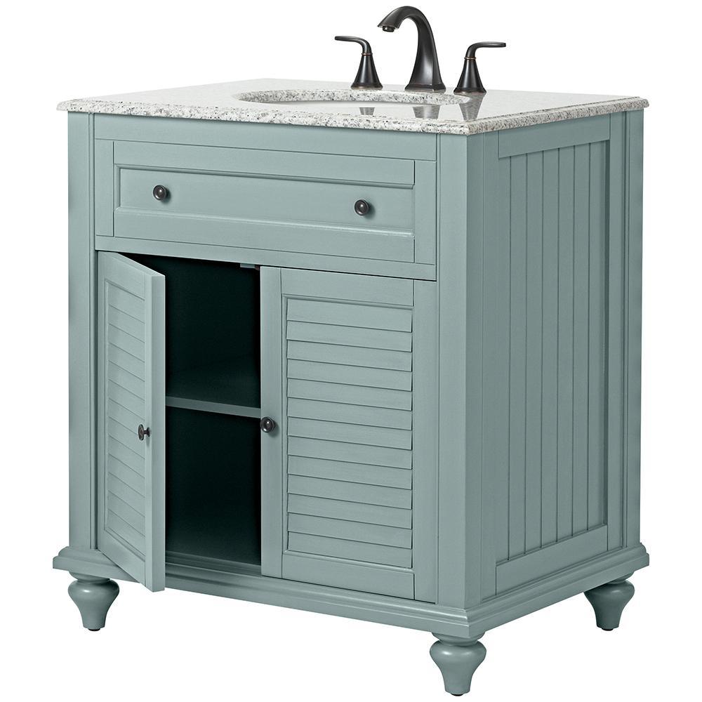 Hamilton Shutter 31 in. W x 22 in. D Bath Vanity in Sea Glass with Granite Vanity Top in Grey with White Sink - Super Arbor