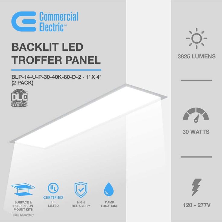 Commercial Electric 1 ft. x 4 ft. 250-Watt Equivalent White Integrated LED Backlit Troffer, 3825 Lumens, 4000K Bright White (2-Pack)
