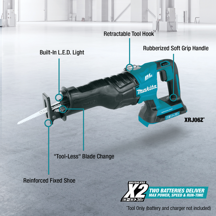 Makita 18V X2 (36V) LXT Lithium‑Ion Brushless Cordless Reciprocating Saw, Tool Only (XRJ06Z)