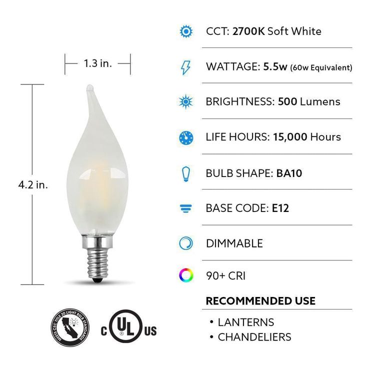 Feit Electric 60-Watt Equivalent CA10 Candelabra Dimmable Filament CEC Frosted Glass Chandelier LED Light Bulb, Soft White (2-Pack)