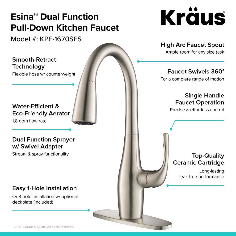 Esina Single-Handle Pull-Down Sprayer Kitchen Faucet with Dual Function Sprayhead in All-Brite Spot Free Stainless Steel - Super Arbor