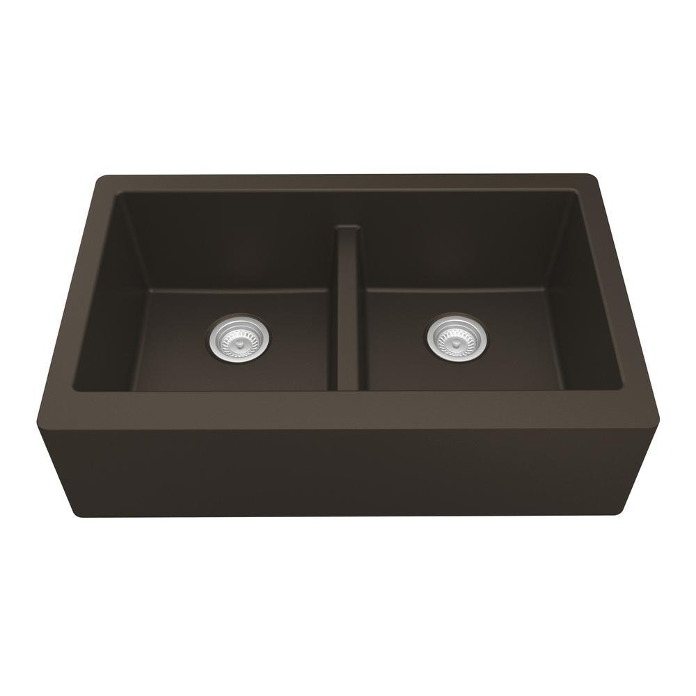 Farmhouse Apron Front Quartz Composite 34 in. Double Bowl Kitchen Sink in Black - Super Arbor