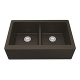 Farmhouse Apron Front Quartz Composite 34 in. Double Bowl Kitchen Sink in Black - Super Arbor