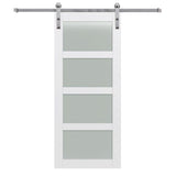 42 in. x 84 in. Shaker 4-Lite Frosted Glass Primed MDF Sliding Barn Door with Bent Strap Hardware Kit - Super Arbor