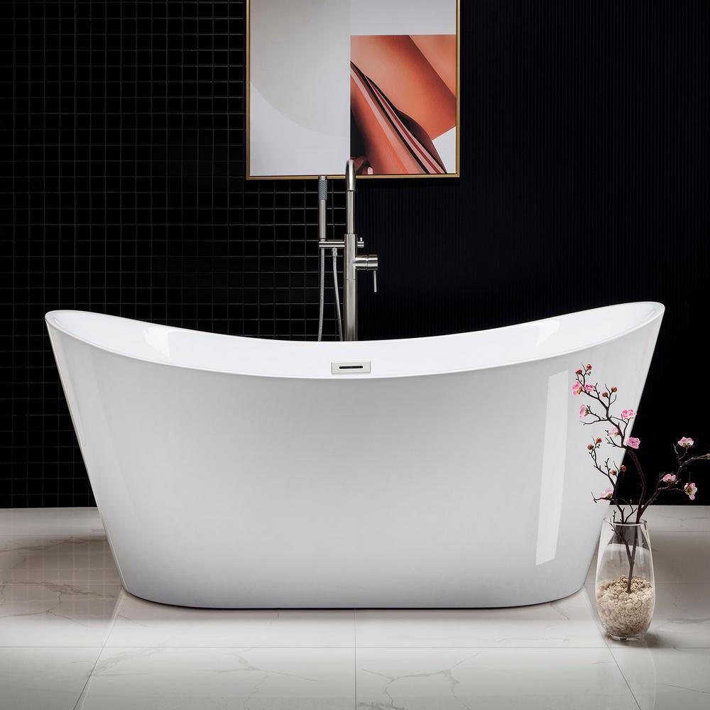 Alacant 67 in.¬†Acrylic Flatbottom Double Slipper White Bathtub with Brushed Nickel Faucet & Overflow and Drain - Super Arbor