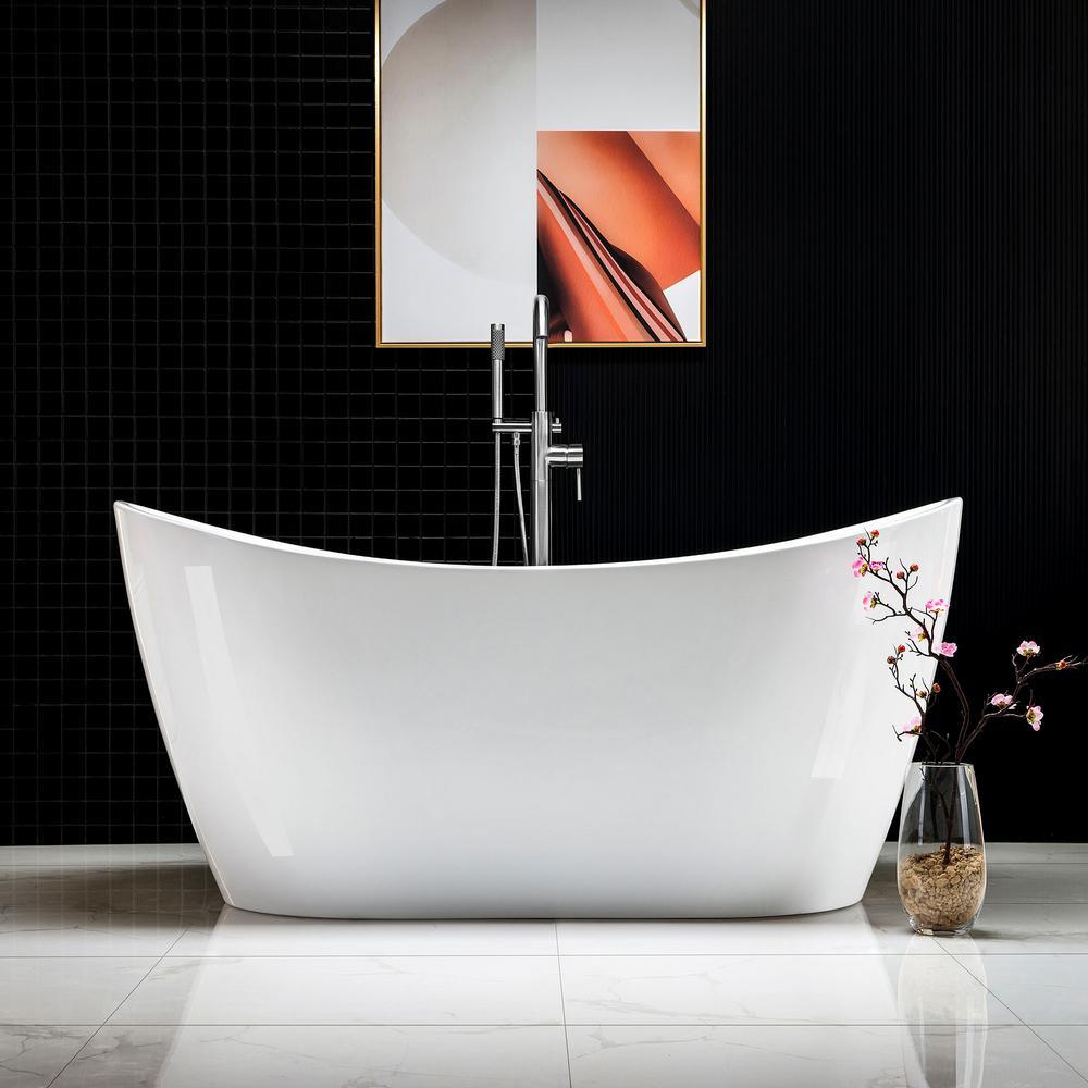59 in. Acrylic Freestanding Double Slipper Flatbottom Soaking Bathtub with Drain and Overflow Included in White - Super Arbor