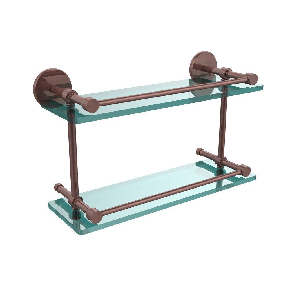 16 in. L x 8 in. H x 5 in. W 2-Tier Clear Glass Bathroom Shelf with Gallery Rail in Brushed Bronze - Super Arbor