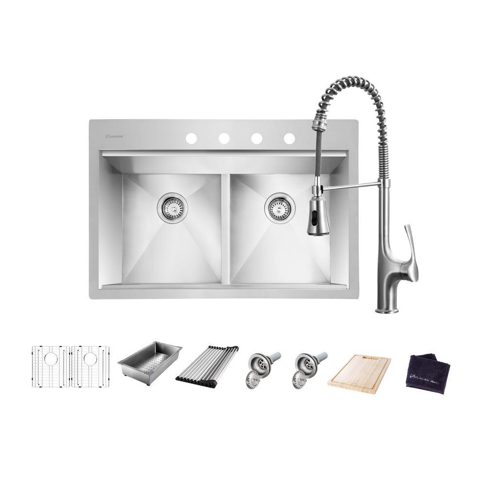 All-in-One Drop-In Stainless Steel 33 in. 4-Hole 50/50 Double Bowl Workstation Sink with Faucet and Accessories Kit - Super Arbor
