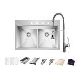 All-in-One Drop-In Stainless Steel 33 in. 4-Hole 50/50 Double Bowl Workstation Sink with Faucet and Accessories Kit - Super Arbor