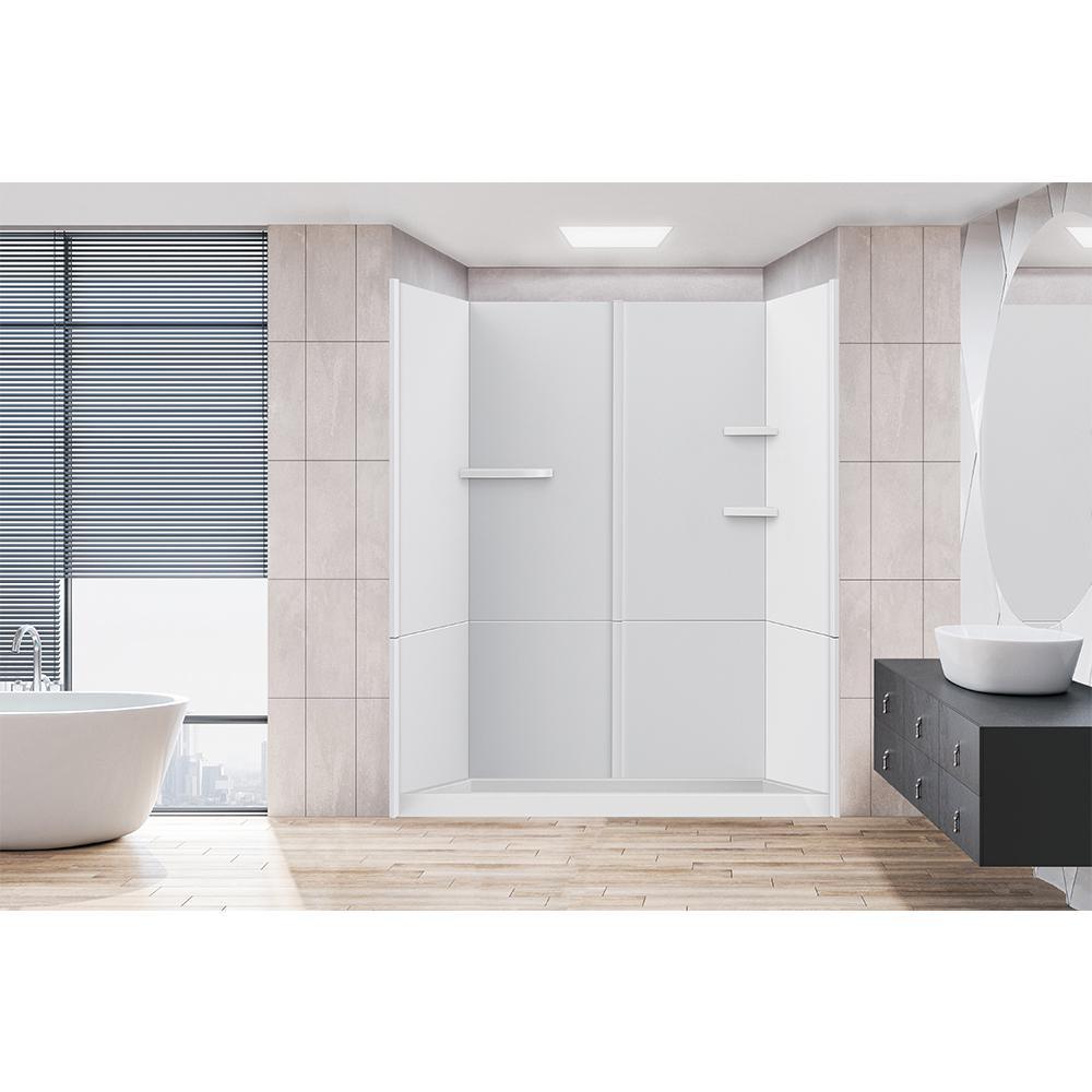 Flat 60 in. W x 90 in. H 8-Piece Glue Up Cultured Marble Alcove Shower Wall Surround in Matte White - Super Arbor