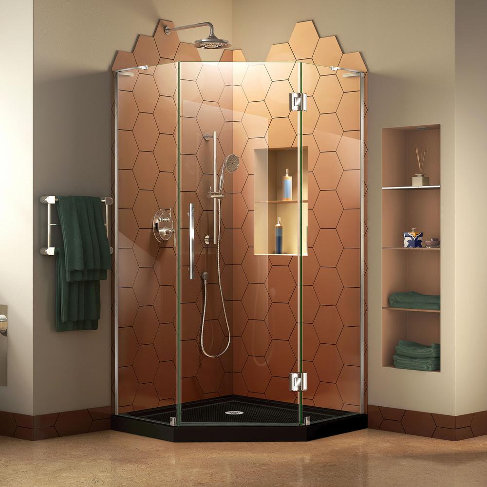Prism Plus 36 in. x 36 in. x 74.75 in. Semi-Frameless Neo-Angle Hinged Shower Enclosure in Satin Black with Shower Base - Super Arbor