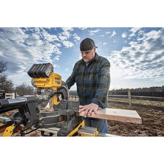 FLEXVOLT 120-Volt MAX Lithium-Ion Cordless Brushless 12 in. Sliding Miter Saw w/ (2) Batteries 2Ah and Bonus Radio