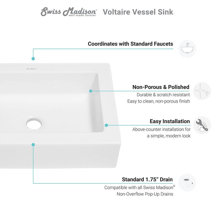 Swiss Madison Voltaire Ceramic Rectangle Vessel Sink in White