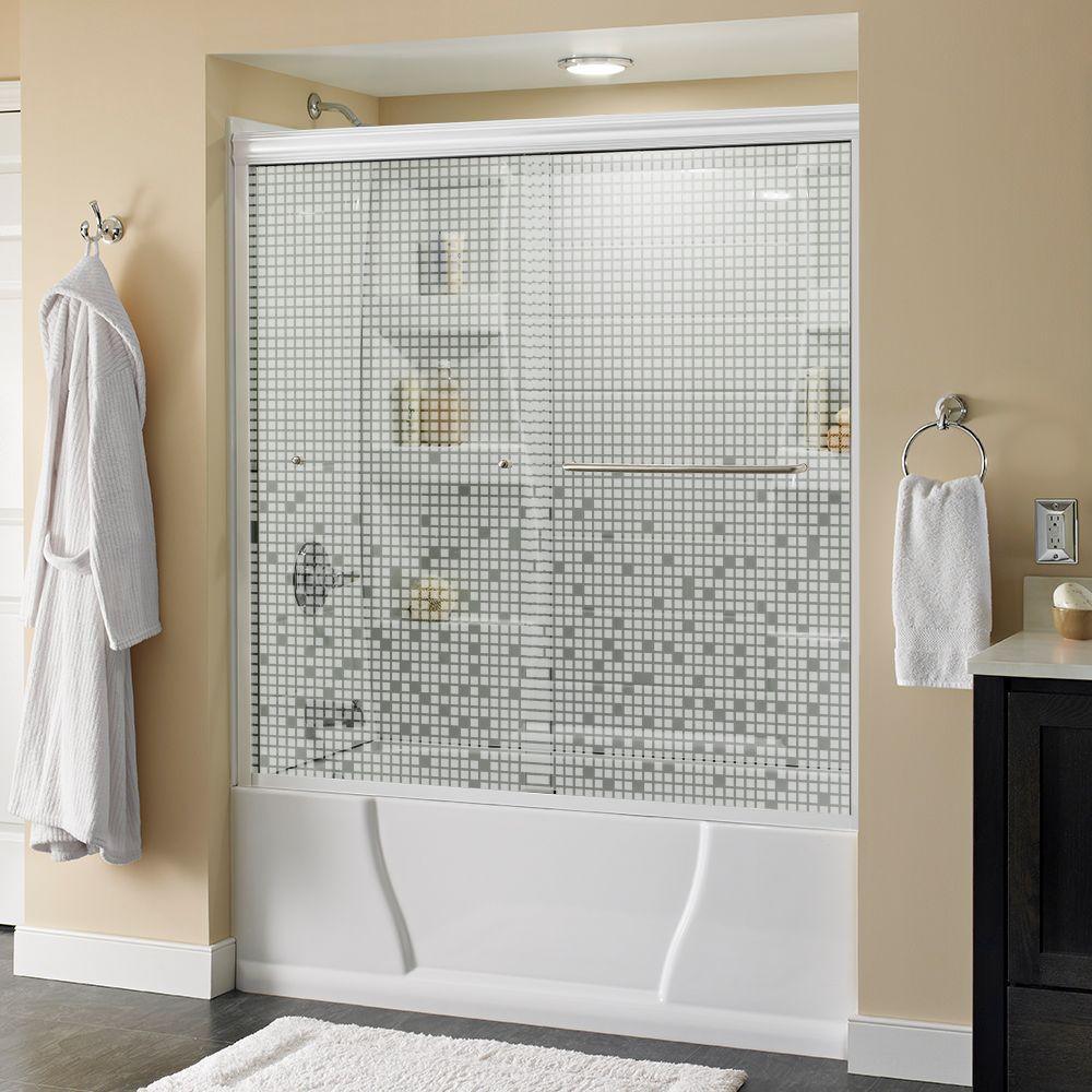 Simplicity 60 in. x 58-1/8 in. Semi-Frameless Traditional Sliding Bathtub Door in Bronze with Mozaic Glass - Super Arbor