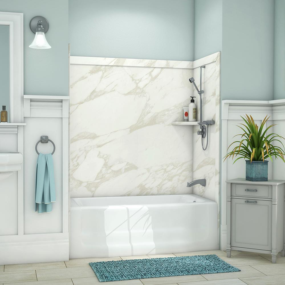 Elite 32 in. x 60 in. x 60 in. 9-Piece Easy Up Adhesive Tub Surround in Calacatta White - Super Arbor
