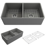 Classico Farmhouse Apron Front Fireclay 33 in. Double Bowl Kitchen Sink with  Bottom Grid and Strainer in White - Super Arbor