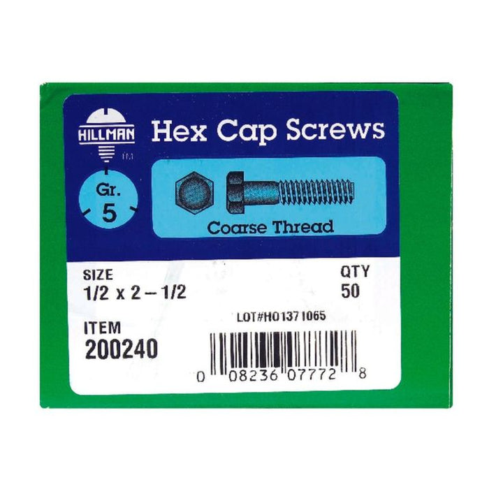 Hillman 1/2 in. Diameter x 2-1/2 in. Length Heat-Treated Zinc Steel Hex Head Cap Screw, 25 Pack