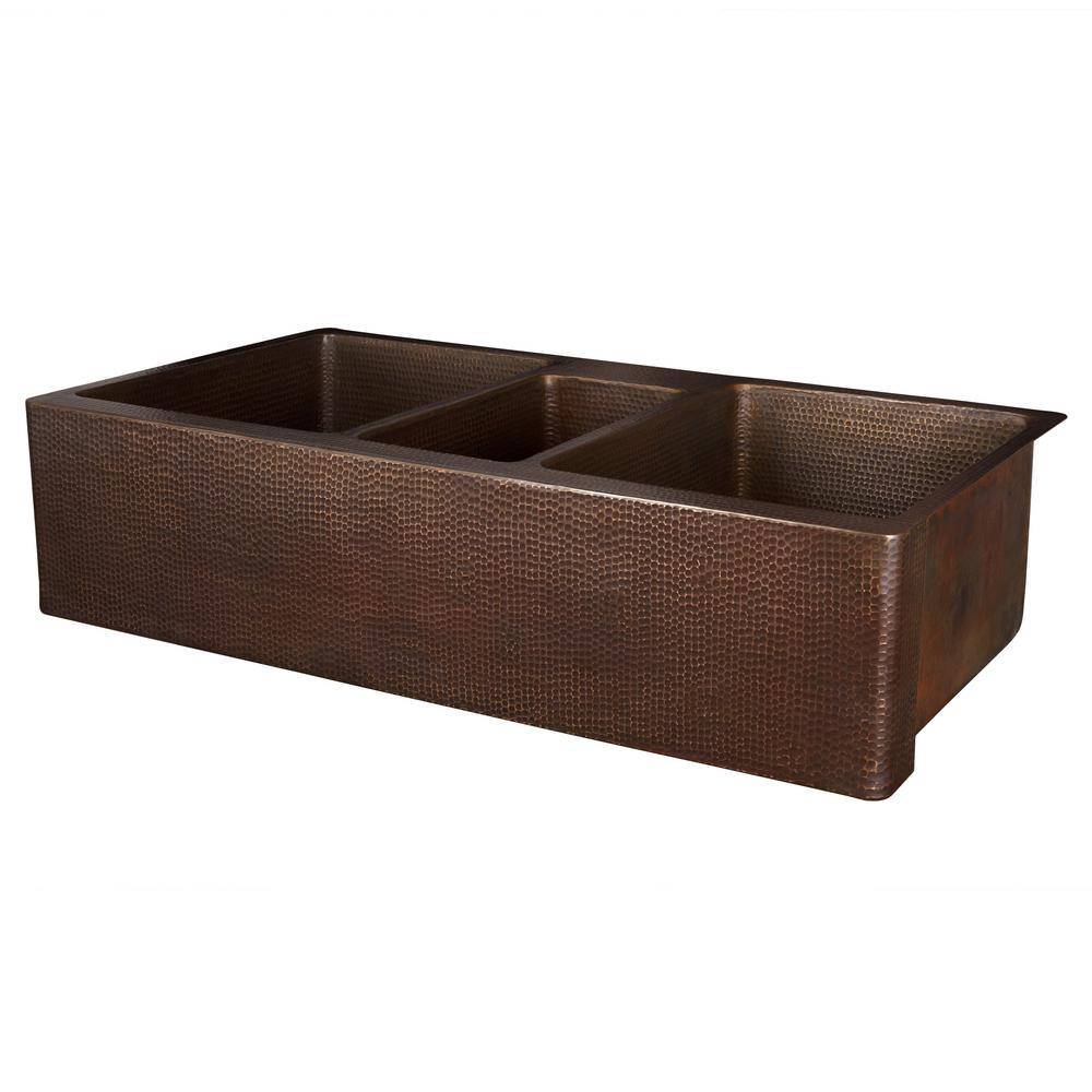 All-in-One Copper 42 in. Triple Bowl Kitchen Farmhouse Apron Front Sink with Spring Faucet in Oil Rubbed Bronze - Super Arbor