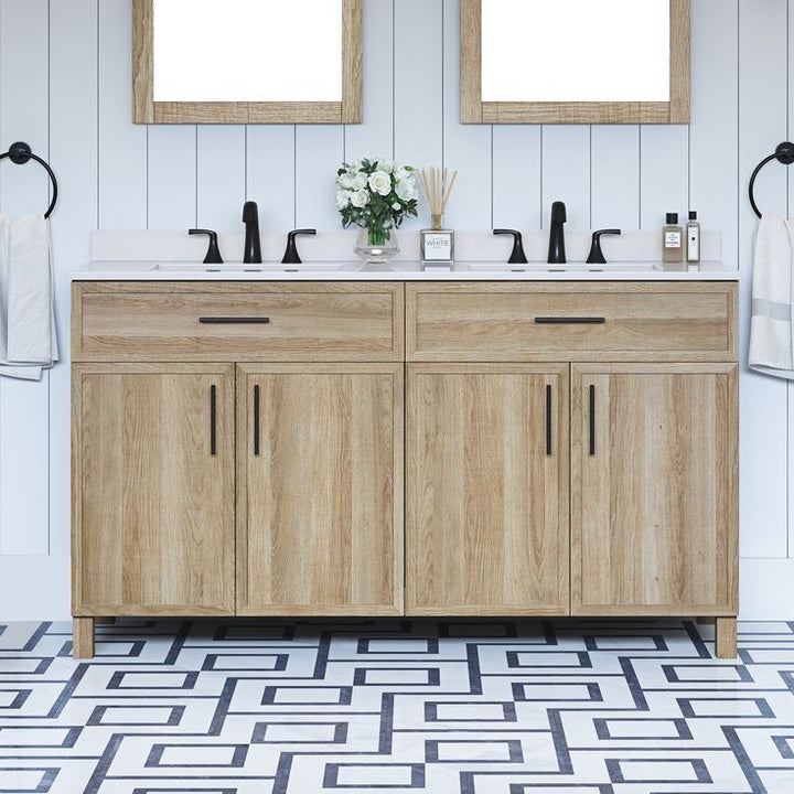 Style Selections Dolton 60-in Natural Oak Undermount Double Sink Bathroom Vanity with White Engineered Stone Top