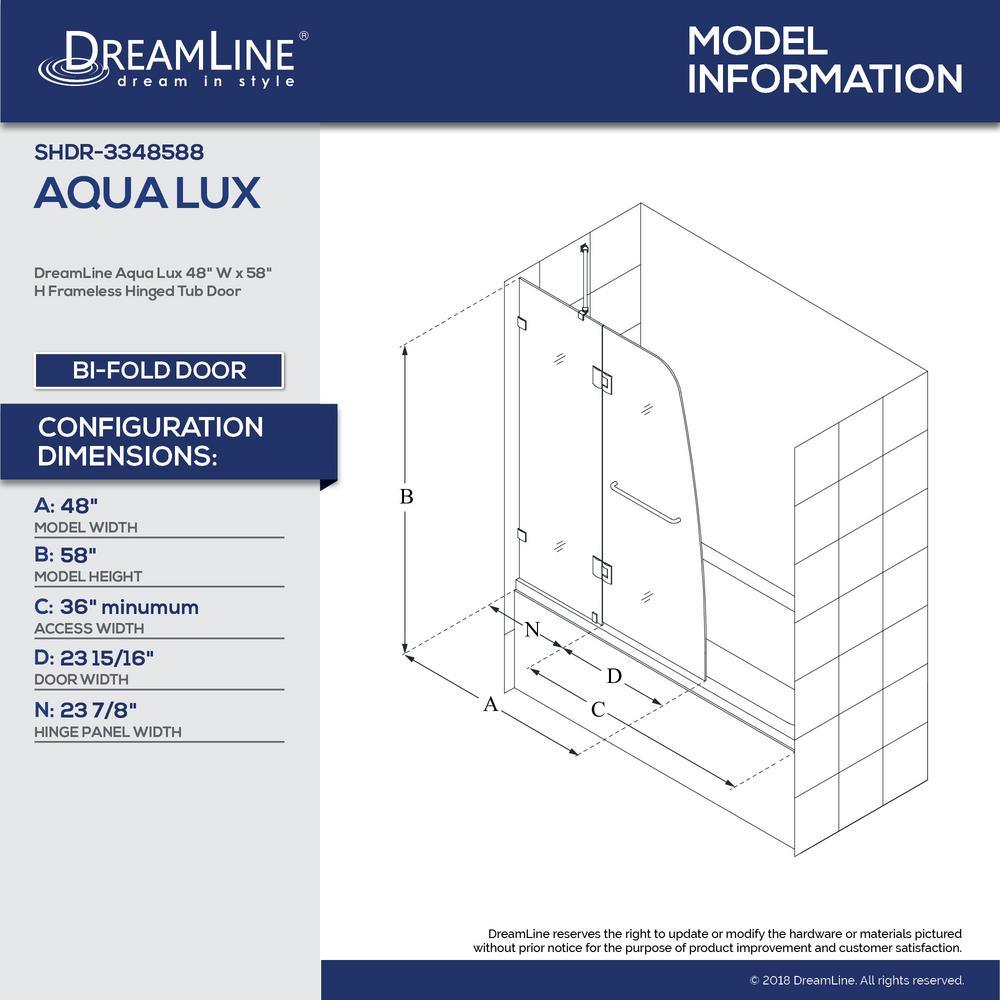 Aqua Lux 48 in. x 58 in. Frameless Hinged Tub Door in Chrome - Super Arbor