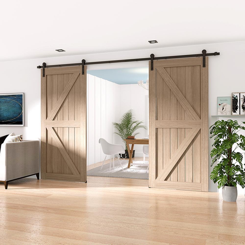 18 ft./216 in. Frosted Black Strap Sliding Barn Door Track Hardware Kit for Double Wood Doors Non-Routed Floor Guide - Super Arbor