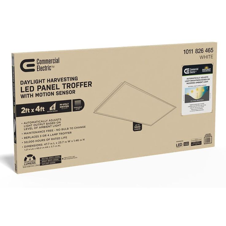 Commercial Electric 2 ft. x 4 ft. Daylight Harvesting LED Panel Light Troffer w/ Motion Sensor Adjustable CCT Lumens Watts 120-277V Dimmable