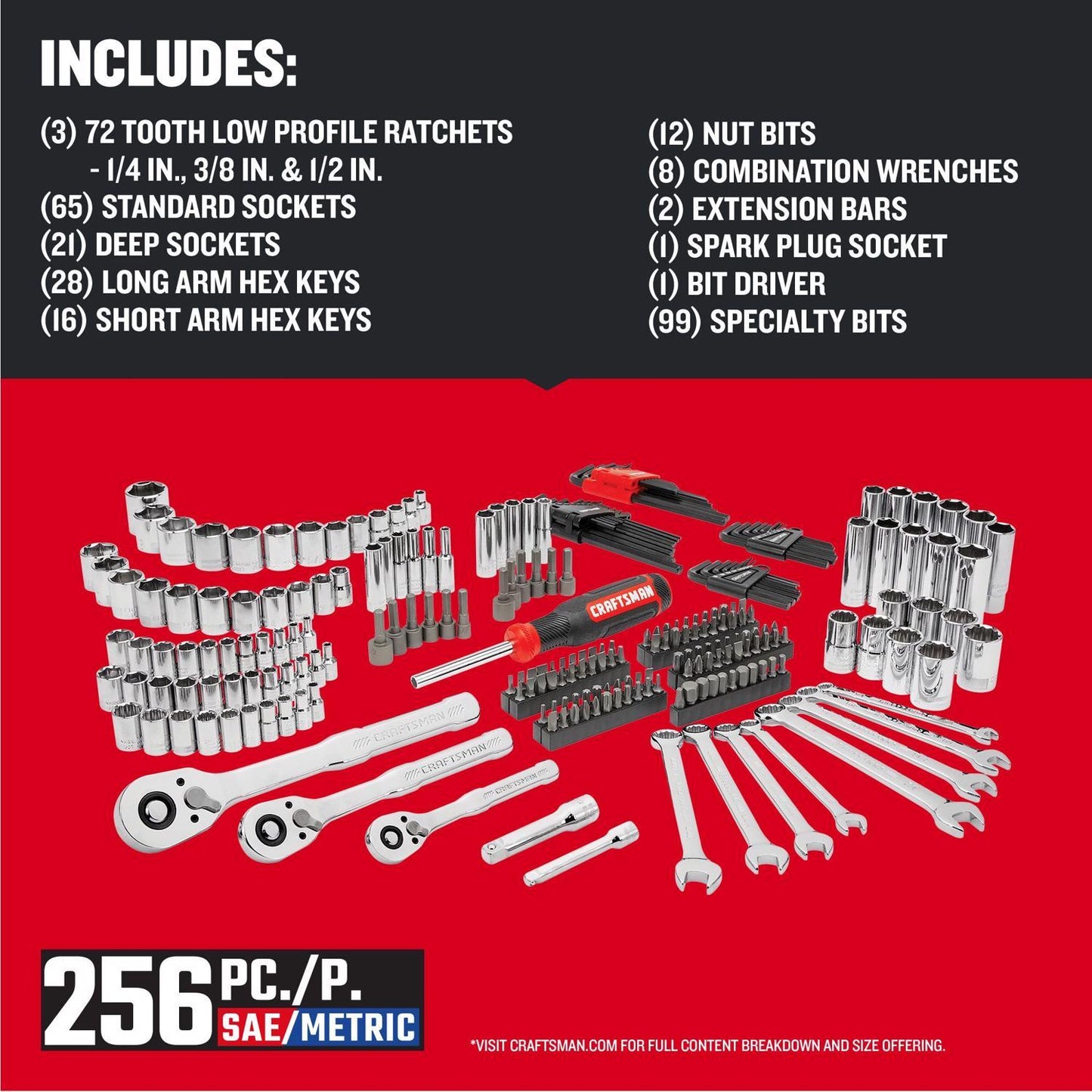 Craftsman 256-Piece SAE Mechanic's Tool Set with 1/4, 3/8, and 1/2 Inch Drives