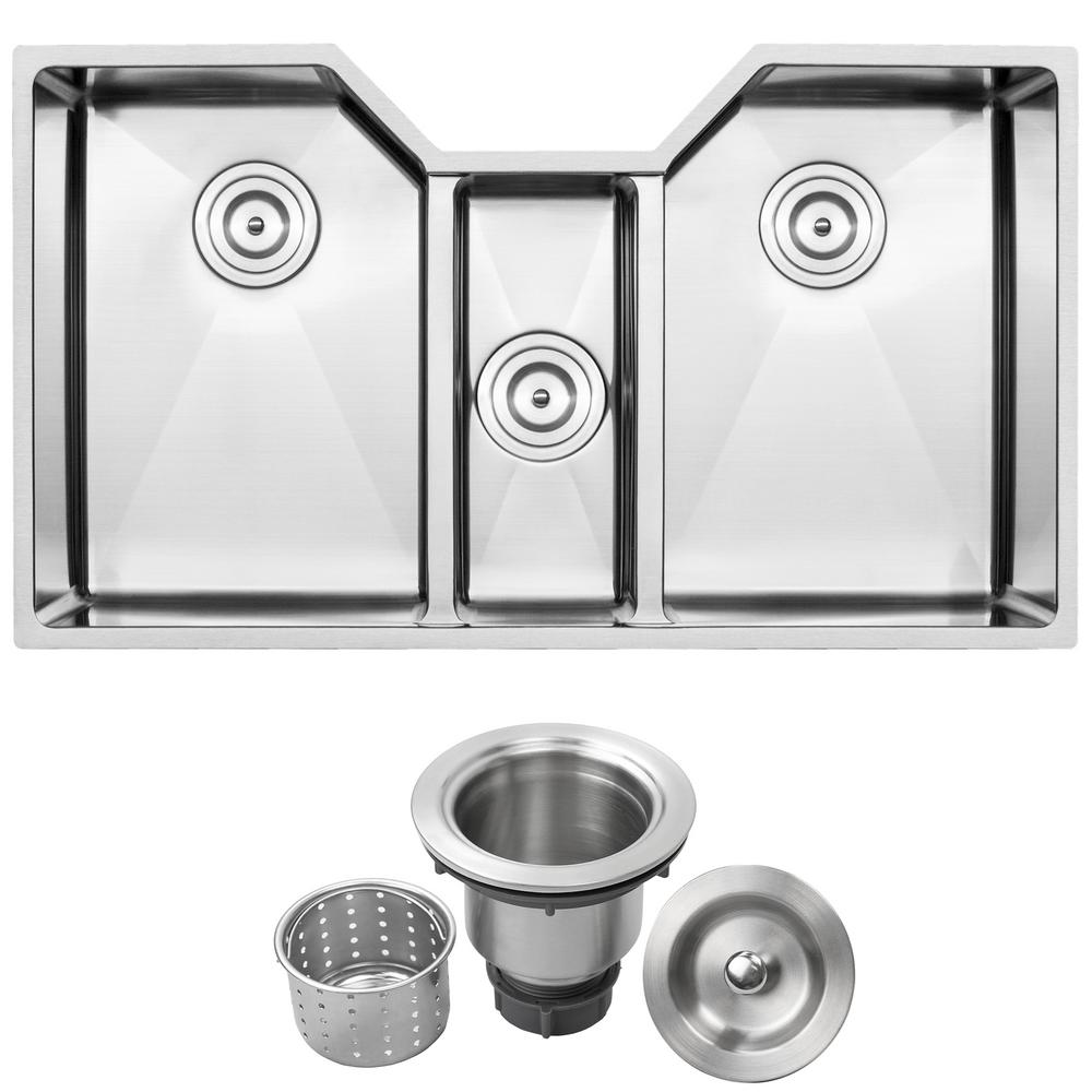 Bradford Undermount 16-Gauge Stainless Steel 35.5 in. Triple Basin Kitchen Sink with Basket Strainer - Super Arbor