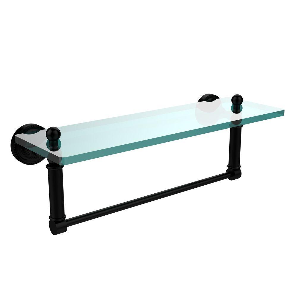 Dottingham 16 in. L  x 5 in. H  x 5 in. W  Clear Glass Vanity Bathroom Shelf with Towel Bar in Matte Black - Super Arbor