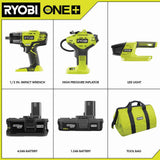 ONE+ 18V Cordless 1/2 in. Impact Wrench, Inflator, LED Light Kit w/(1)4.0Ah, (1)1.5Ah Battery, Bag, Charger Not Included - Super Arbor
