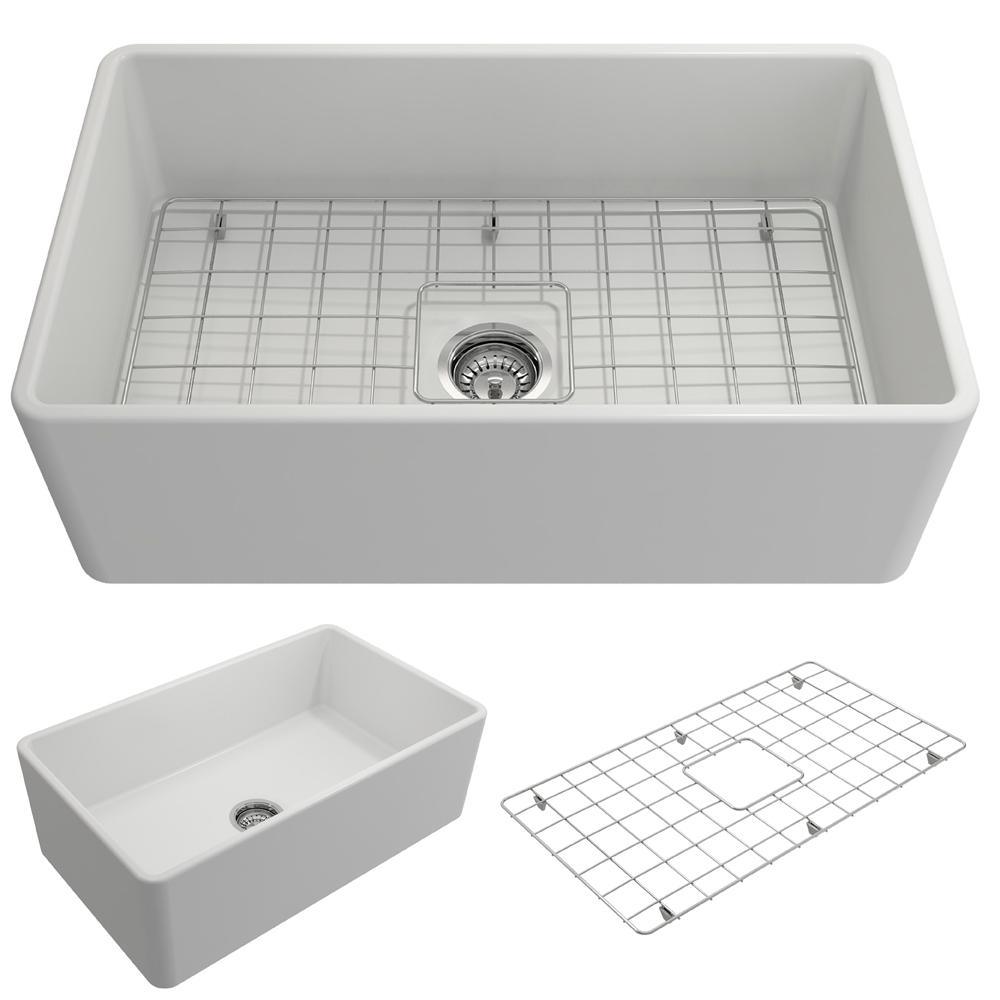 Classico Farmhouse Apron Front Fireclay 30 in. Single Bowl Kitchen Sink with Bottom Grid and Strainer in White - Super Arbor