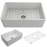 Classico Farmhouse Apron Front Fireclay 30 in. Single Bowl Kitchen Sink with Bottom Grid and Strainer in White - Super Arbor