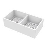 Farmhouse Apron Front Fireclay 33 in. 50/50 Double Bowl Kitchen Sink in White with Grids and Strainers - Super Arbor