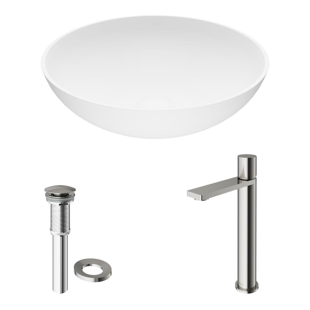 Matte Stone Round Vessel Bathroom Sink in White and Gotham Faucet in Brushed Nickel - Super Arbor