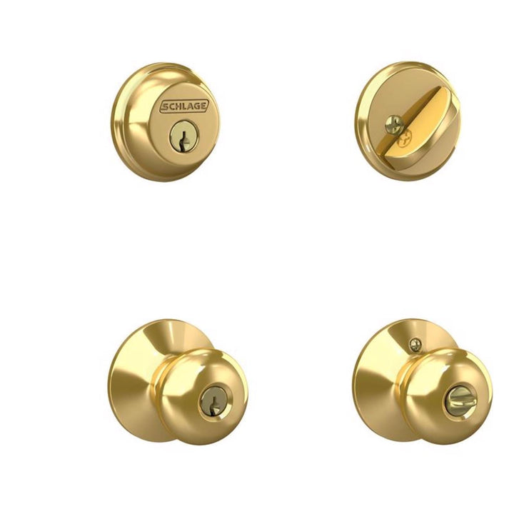 Schlage Plymouth Bright Brass Knob and Single Cylinder Deadbolt, ANSI Grade 2, Fits 1-3/4 in Doors