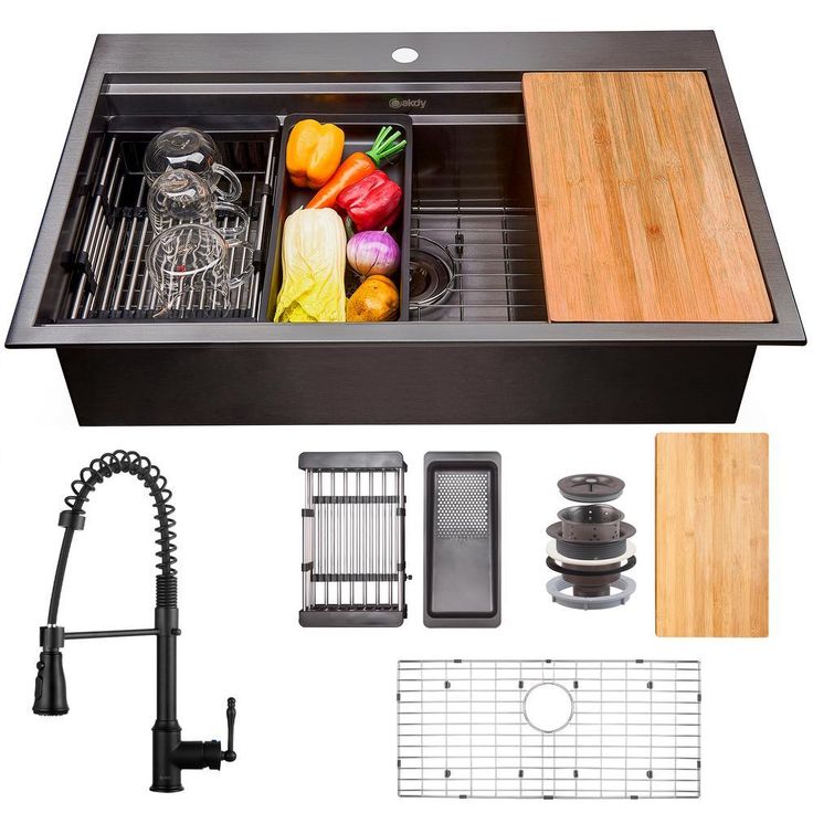 All-in-One Matte Black Finished Stainless Steel 30 in. x 22 in. Single Bowl Drop-in Kitchen Sink with Spring Neck Faucet