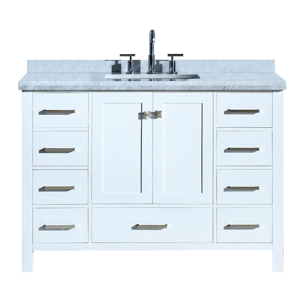 Cambridge 55 in. Bath Vanity in White with Marble Vanity Top in Carrara White with White Basin - Super Arbor