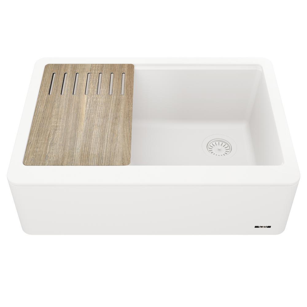 Bellucci 33in. CeramTek Granite/Quartz Composite Farmhouse ApronFront Single Bowl Kitchen Sink w/ Cutting Board in White - Super Arbor