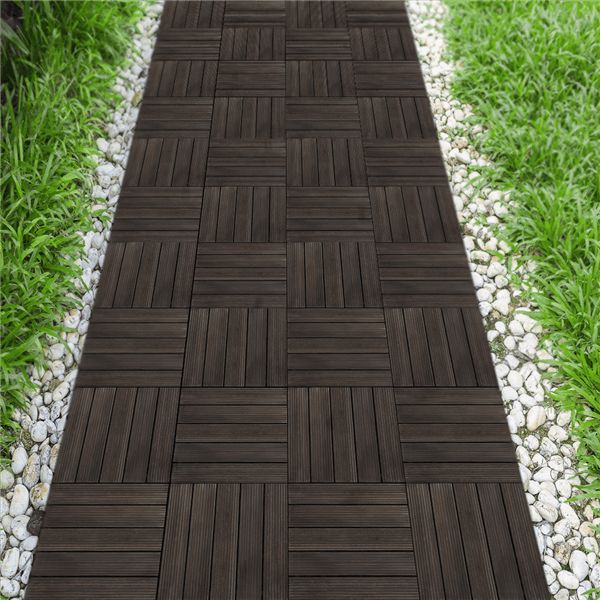 Topeakmart Pack of 27 Interlocking Wood Flooring Tiles Indoor & Outdoor for Patio Garden Deck Poolside 12''x12'' Dark Brown