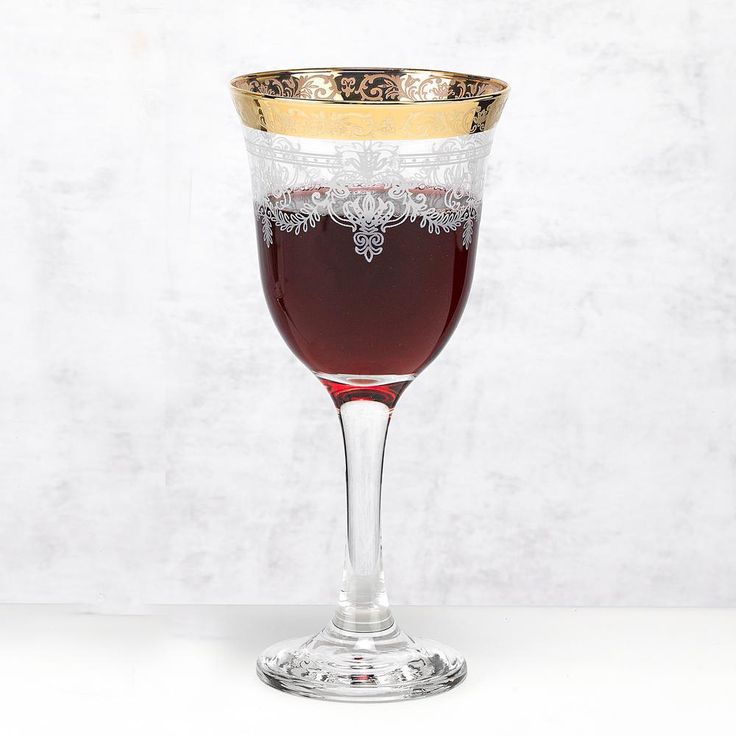 Red Wine Stencil Pattern and Gold Band (Set of 6)