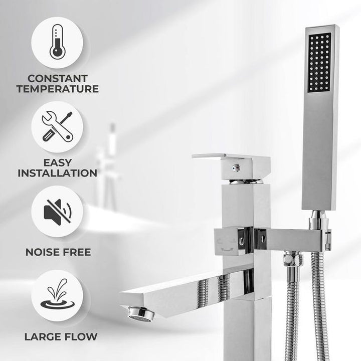 1-Handle Freestanding Floor Mount Roman Tub Faucet Bathtub Filler with Hand Shower in Chrome