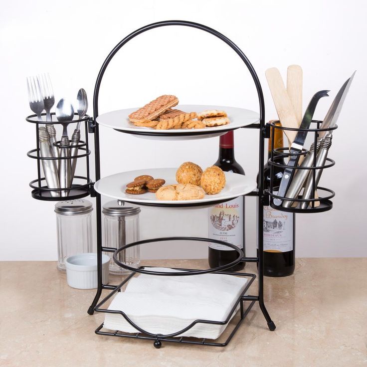 3-Tier Black Buffet Caddy Serving Rack With 2-Detachable Napkin Flatware Holders
