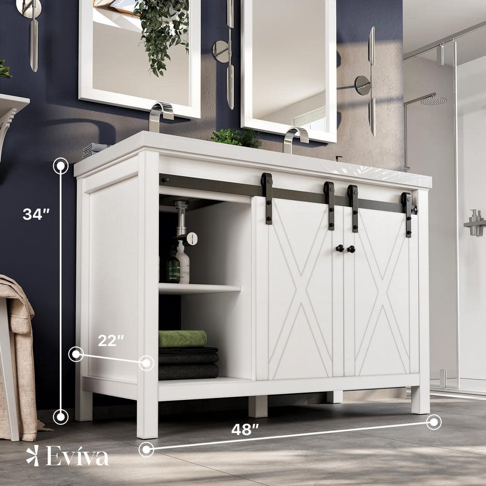 Eviva Dallas 48 in. W x 22 in. D x 34 in. H Double Bath Vanity in White with Black Granite Top with Black Sinks