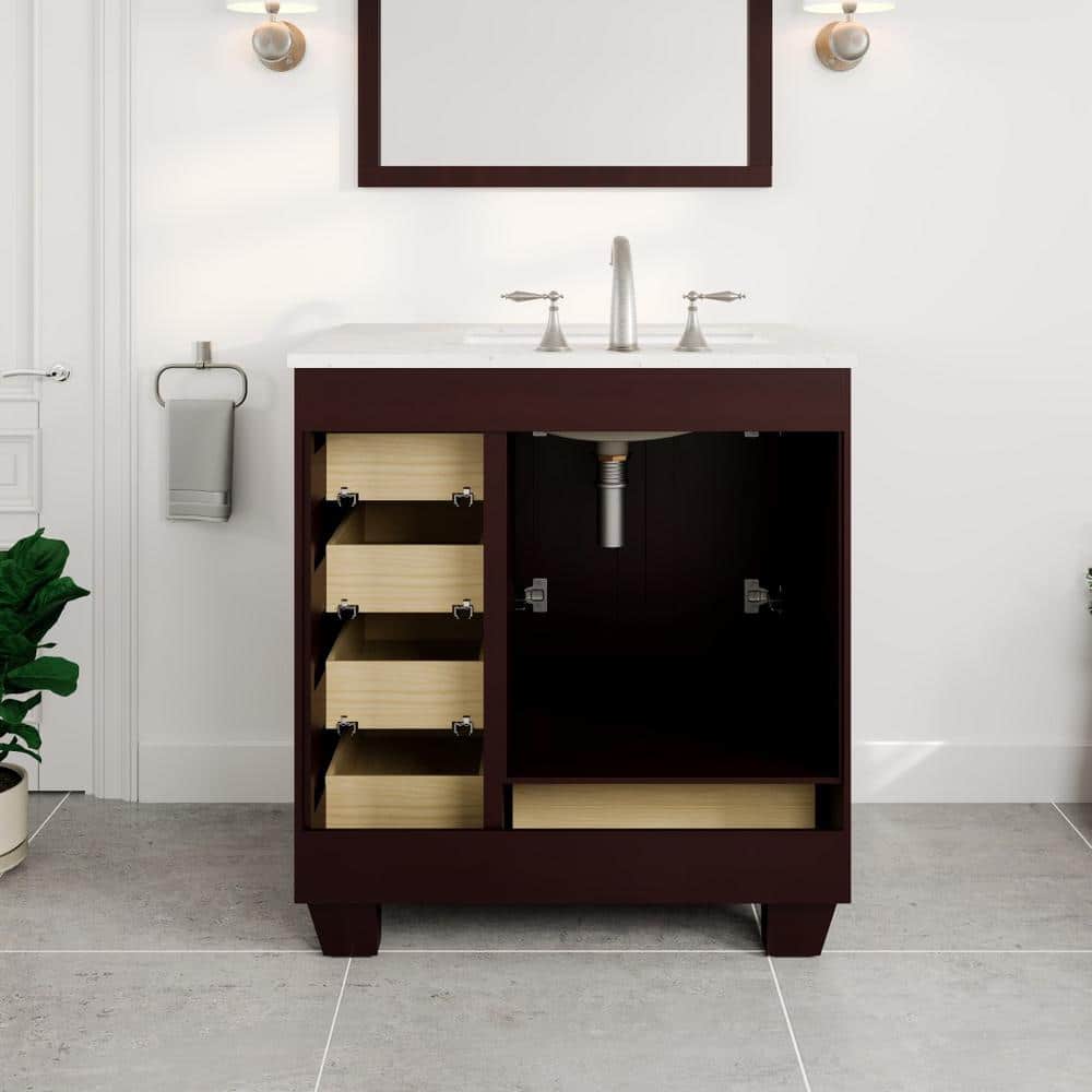 Eviva Acclaim 30 in. W x 22 in. D x 34 in. H Bath Vanity in Teak with White Carrara Quartz Top with White Sink